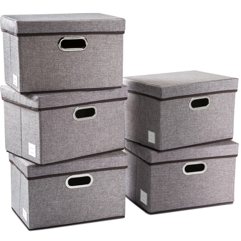 PRANDOM Collapsible Storage Containers with Lids [5-Pack] Linen Fabric Foldable Storage Bins Boxes Organizer Baskets Cube with Cover for Home Bedroom Closet Office Nursery (14.9x9.8x9.8) - Image 1